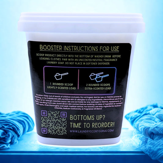 Container of laundry scent booster with instructions and branding on a blue background