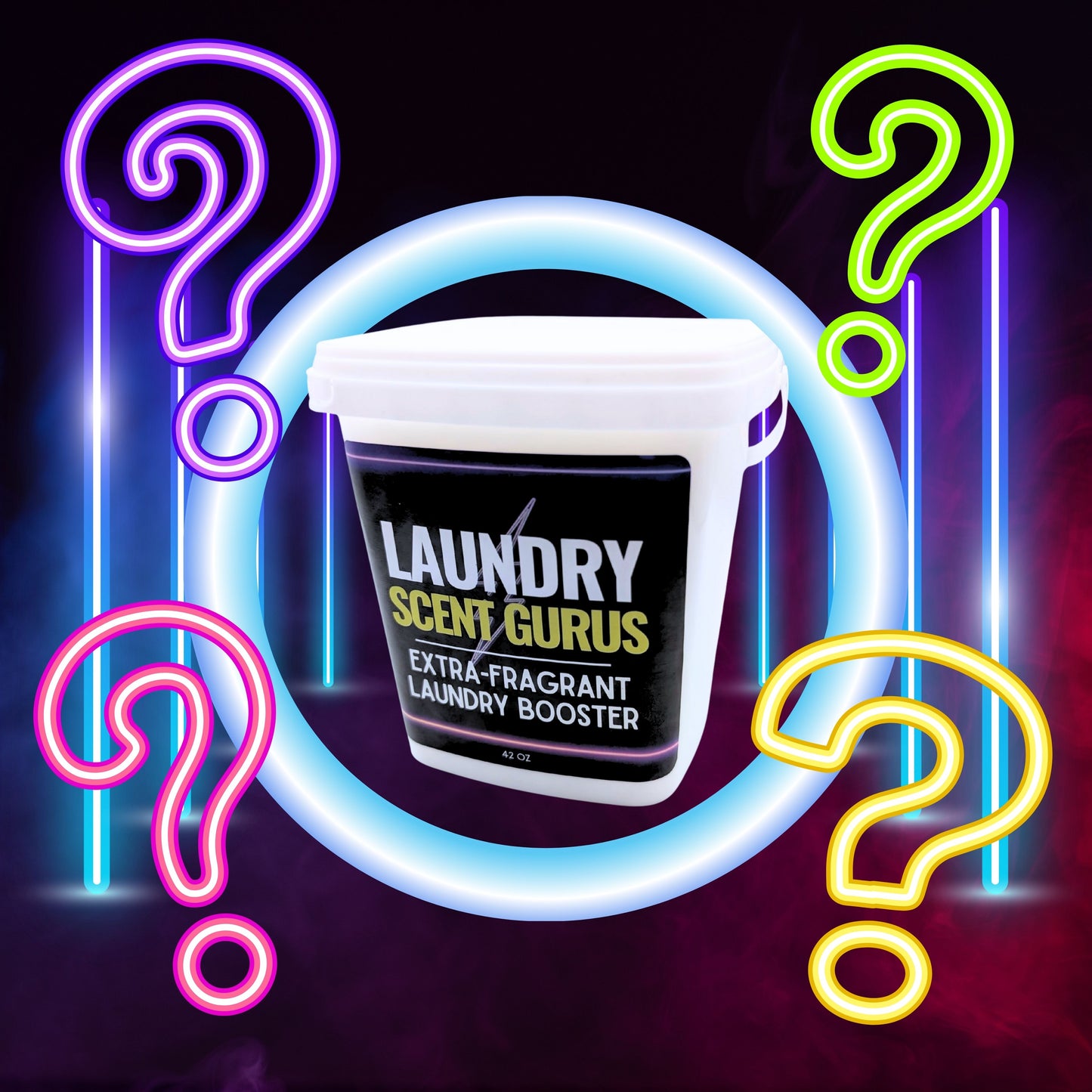 Laundry Scent Gurus product with neon question marks on a dark background