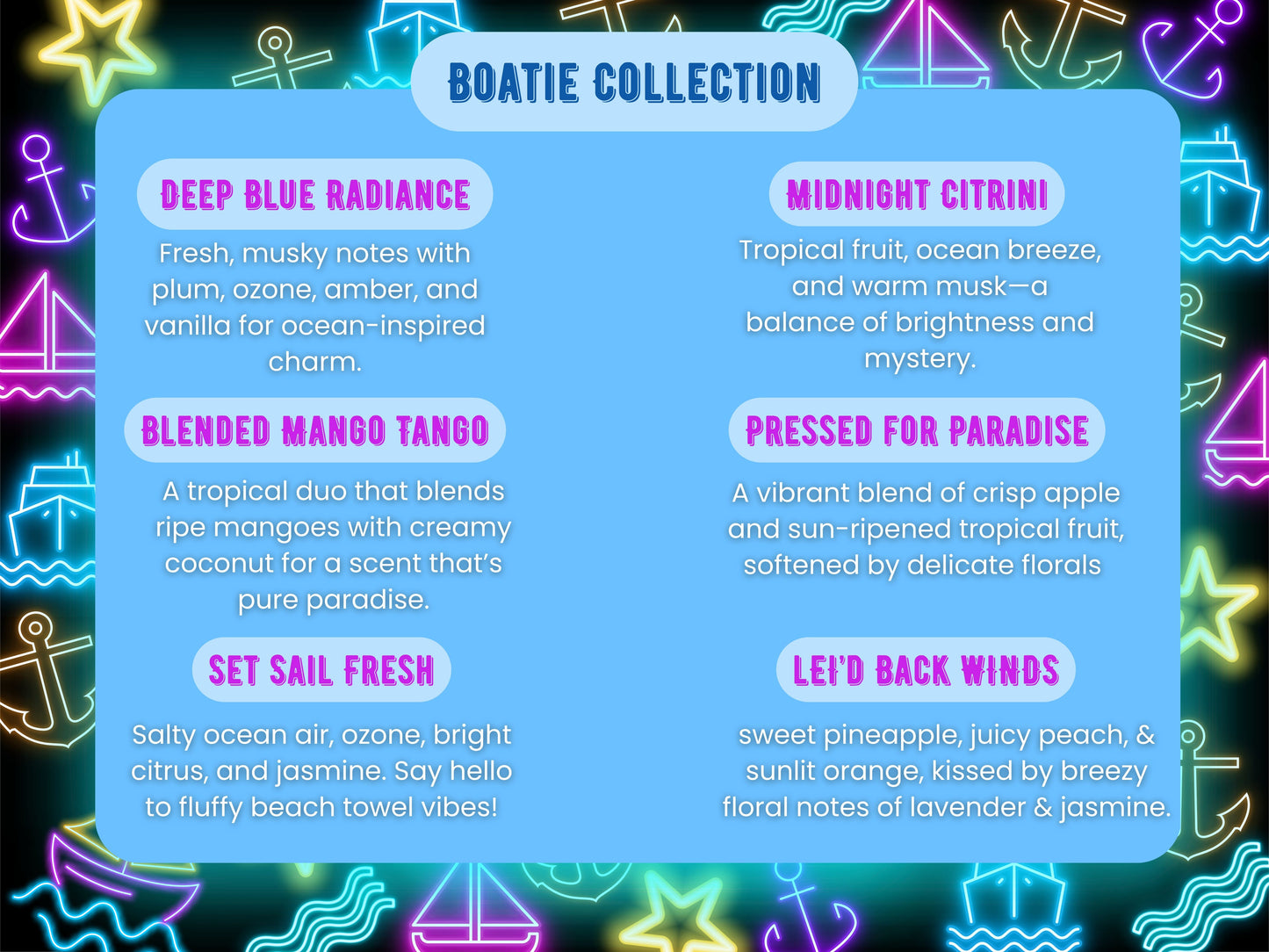 Boatie Collection product description card with colorful neon designs on a blue background