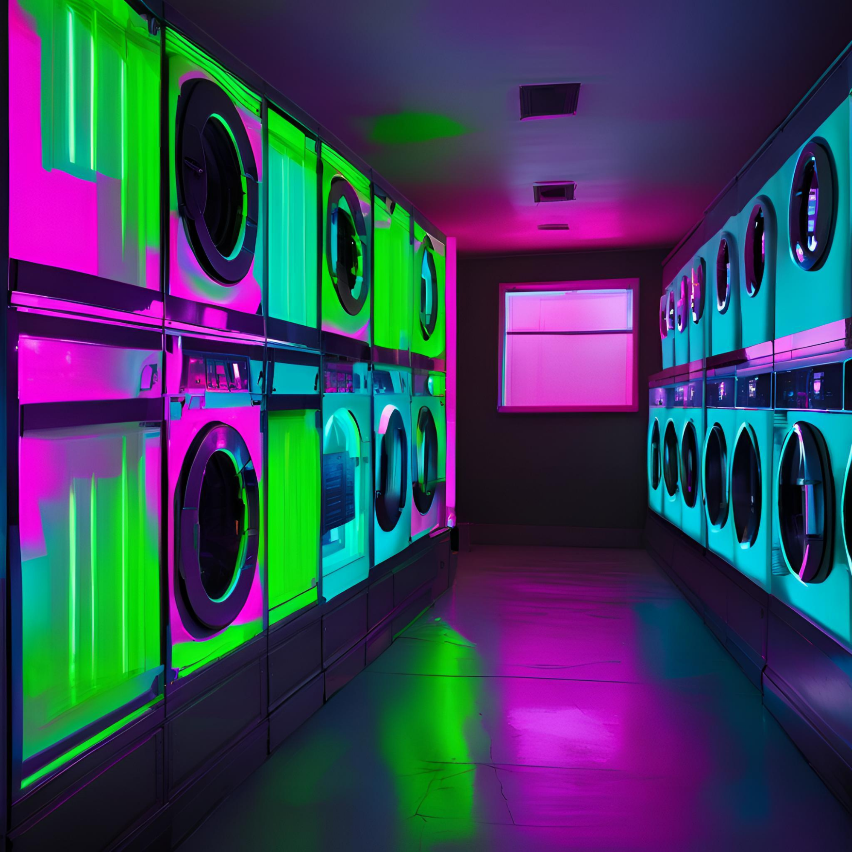 Laundry room with neon washing machines and dryers