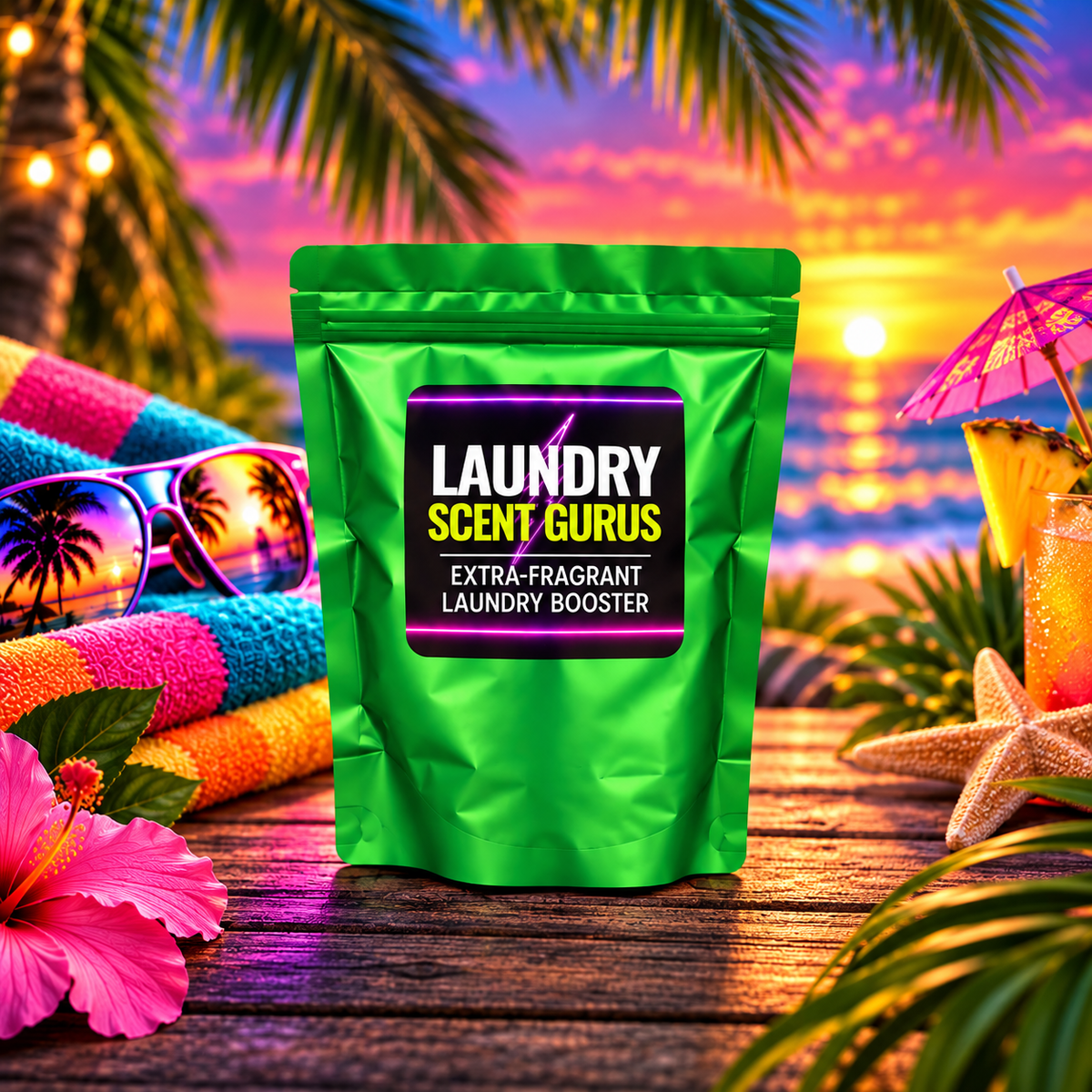A bright green stand-up pouch labeled 'Laundry Scent Gurus' stands on a wooden surface with a tropical beach sunset scene in the background, surrounded by towels, sunglasses, a drink with a pink umbrella, and flowers.