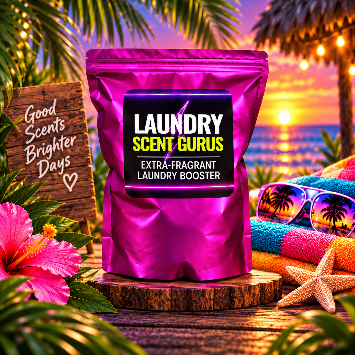 A shiny magenta pouch labeled 'LAUNDRY SCENT GURUS' stands on a wooden pedestal in a tropical beach scene at sunset, with palm leaves, a pink hibiscus flower, sunglasses, towels, and a starfish around it.