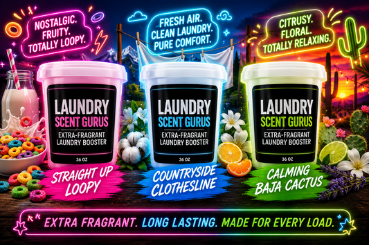 Three tubs of Laundry Scent Gurus extra fragrant laundry booster shown side by side with colorful scent-themed graphics and props including cereal, flowers, citrus, and a sunset background.
