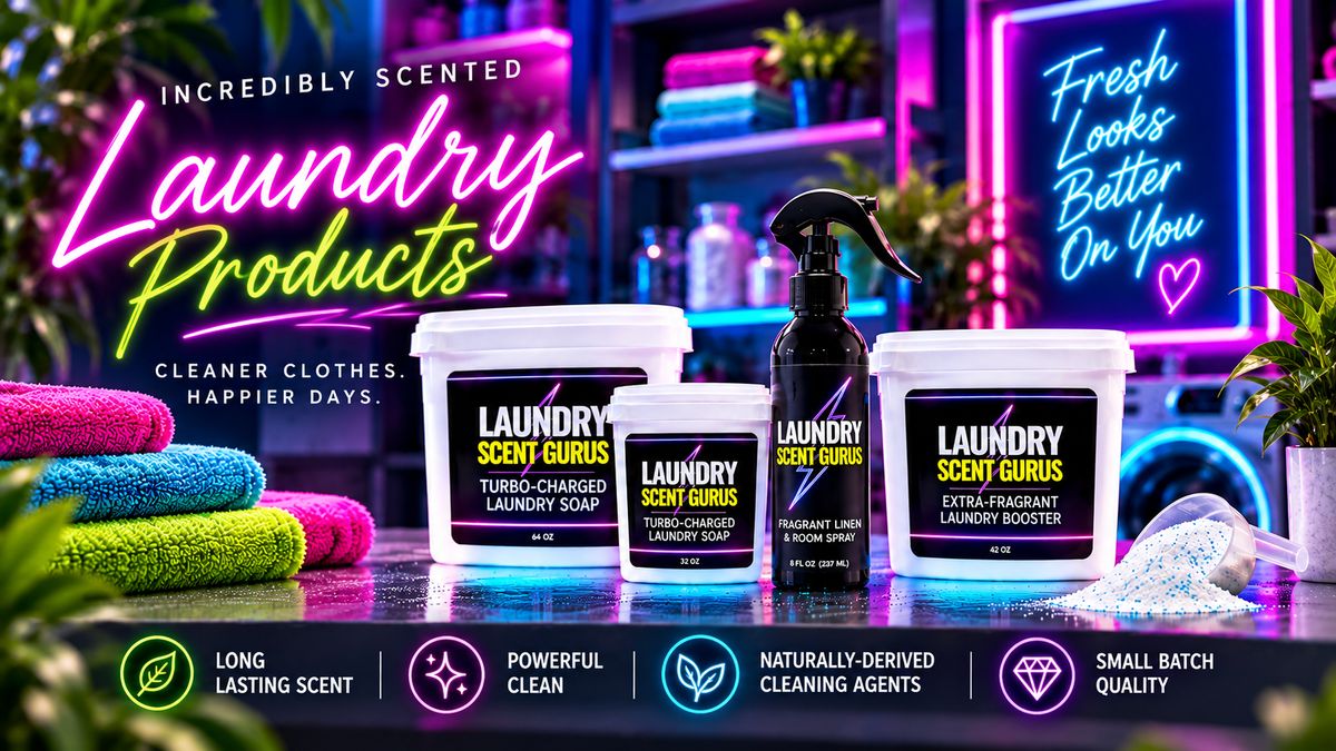 Four laundry product containers from Laundry Scent Gurús are displayed on a reflective countertop in a neon-lit shop setting. The set includes a large tub, a medium tub, a spray bottle, and a smaller jar, with folded colorful towels, a pile of detergent, and promotional text in the background.