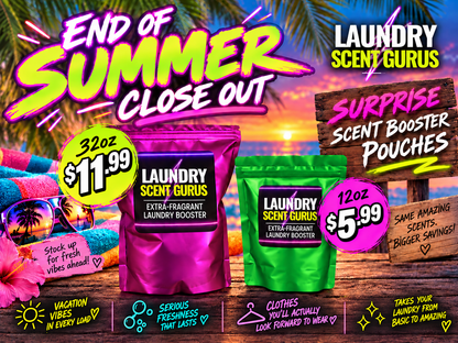 Promotional graphic for Laundry Scent Gurus summer close-out deals, showing two scented pouches (a 32oz magenta bag at $11.99 and a 12oz green bag at $5.