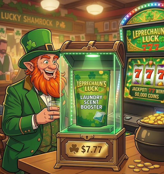 Cartoon leprechaun with a laundry scent booster in a slot machine setting