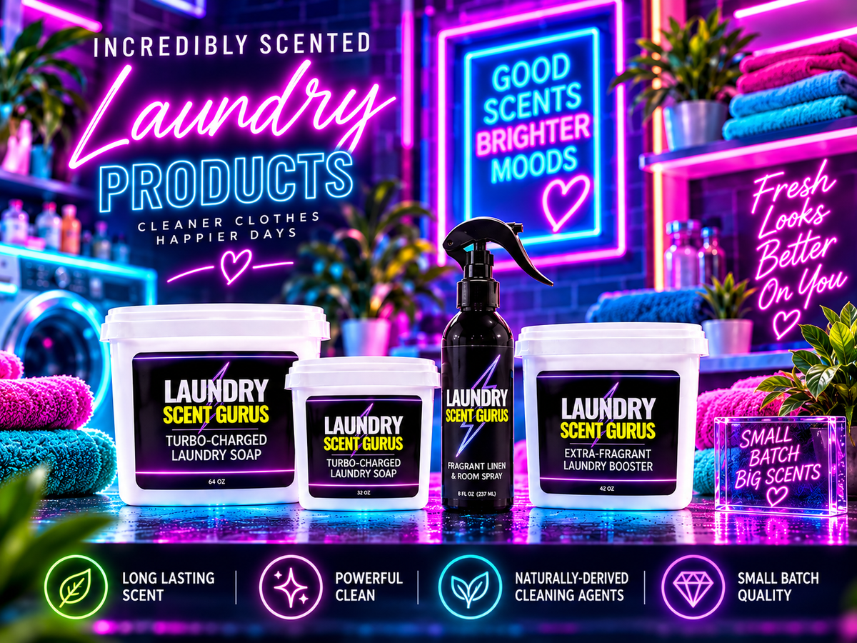 Four laundry product containers and a spray bottle displayed in a neon-lit laundry room setting. The products include tubs of laundry scent gurus laundry soap, a black spray bottle, and a room booster spray.
