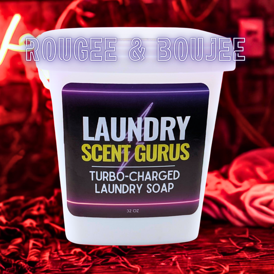 Container of laundry soap with 'Rougee & Boujee' branding on a red and black background.