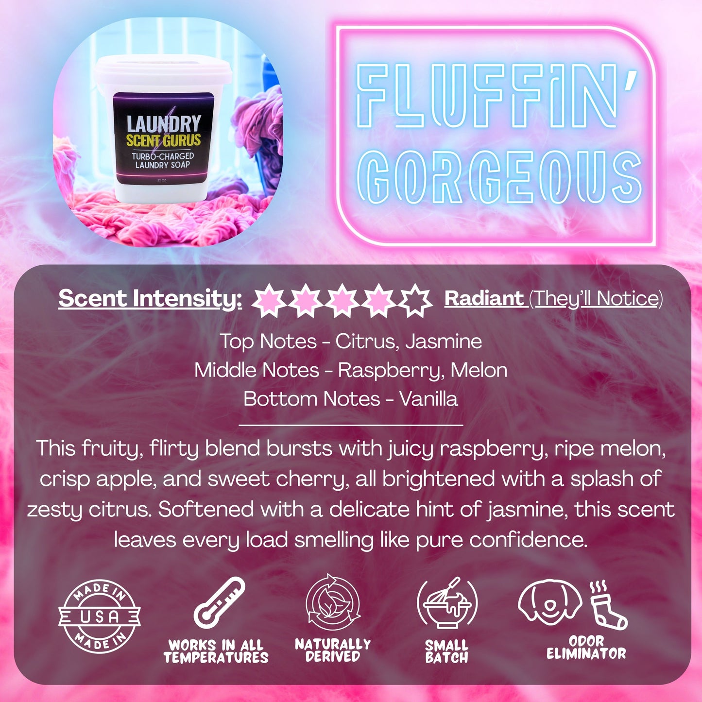 Laundry Scent Gurus Product packaging with 'Fluffin' Gorgeous' branding and laundry soap details on a pink background.