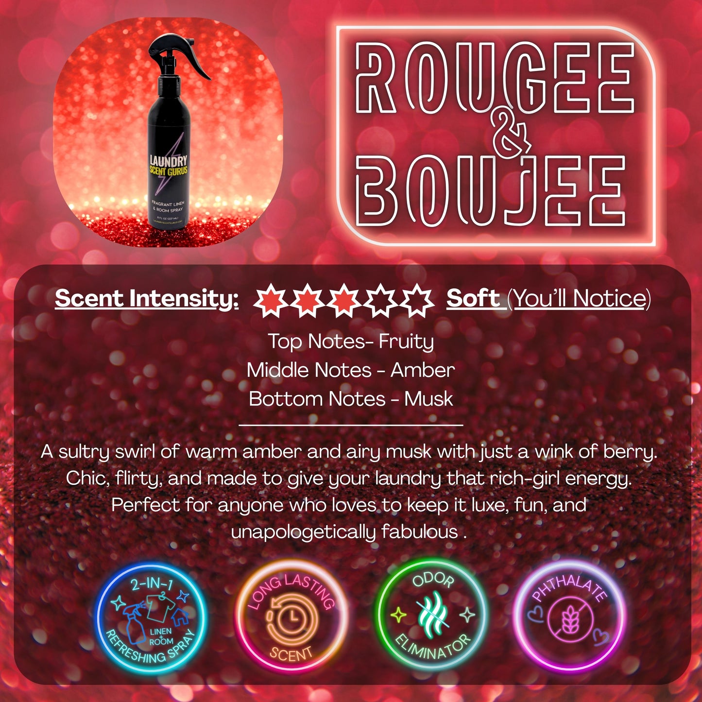 Laundry Scent Gurus Product packaging with 'Rougee & Boujee' Linen spray branding and product details on a red background.