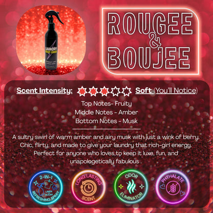 Laundry Scent Gurus Product packaging with 'Rougee & Boujee' Linen spray branding and product details on a red background.