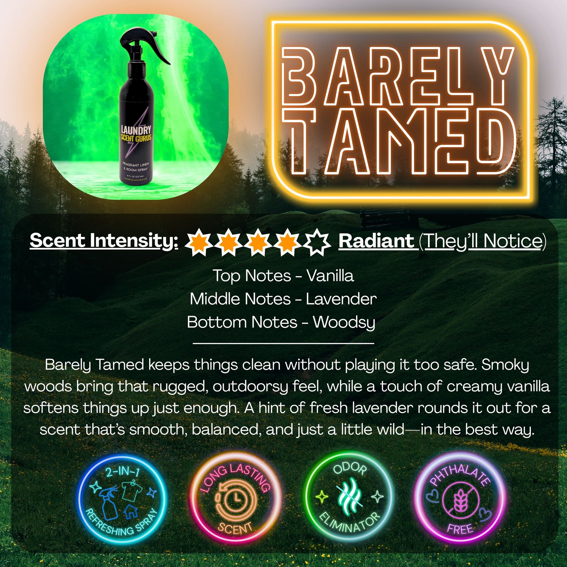 Laundry Scent Gurus Barely Tamed Linen Spray Scent Description with grassy forest background