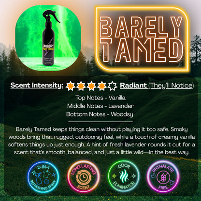Laundry Scent Gurus Barely Tamed Linen Spray Scent Description with grassy forest background
