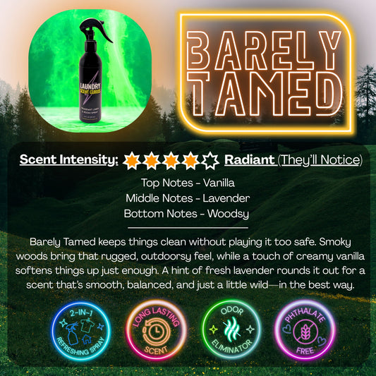 Laundry Scent Gurus Barely Tamed Linen Spray Scent Description with grassy forest background