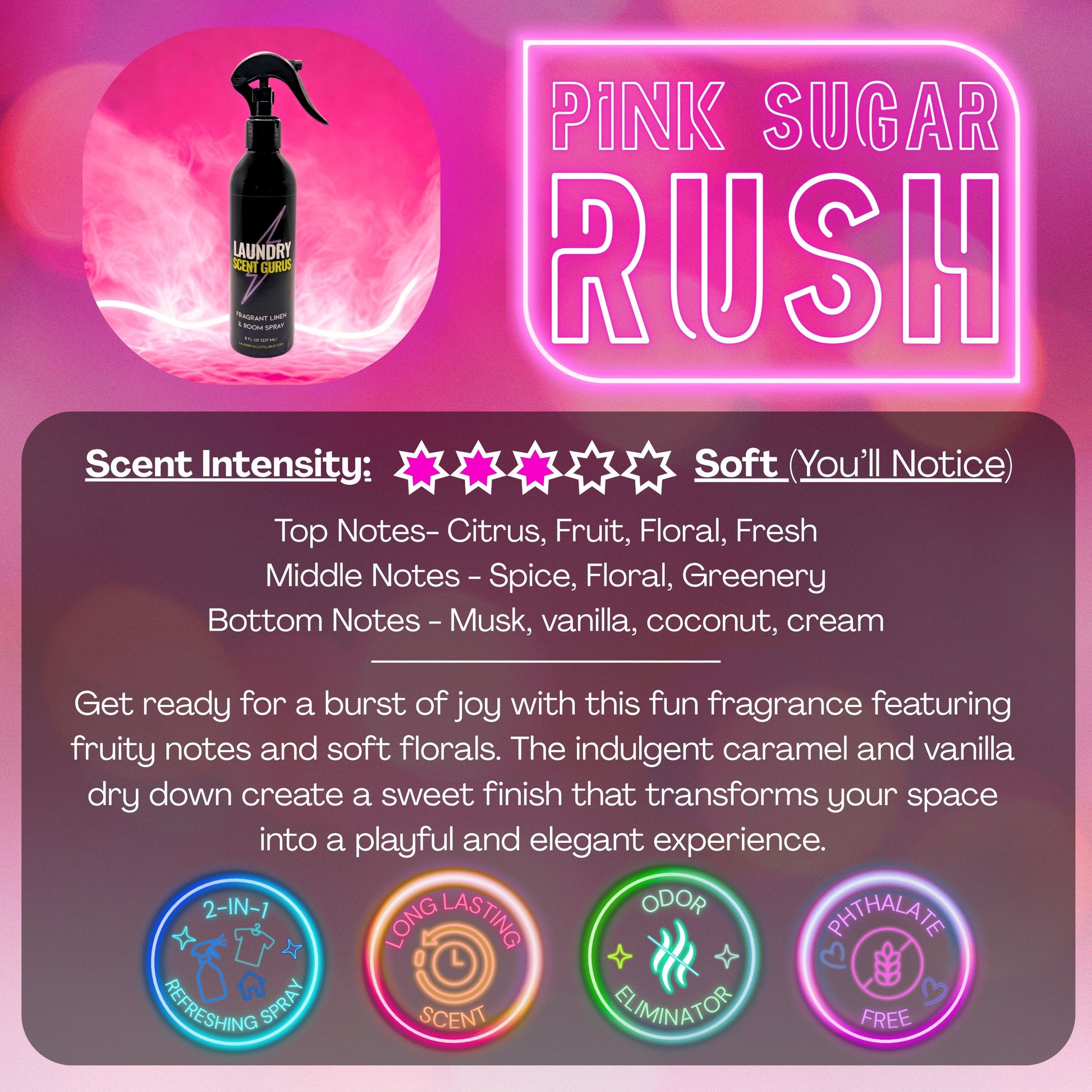 Laundry scent gurus Product advertisement for 'Pink Sugar Rush' laundry & room spray with branding and product details.
