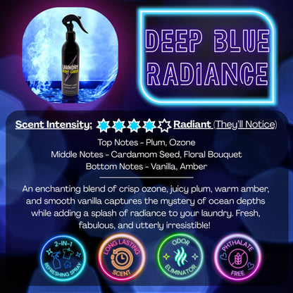 Laundry scent gurus linen spray description for 'Deep Blue Radiance' with a bottle and descriptive text on a dark background.