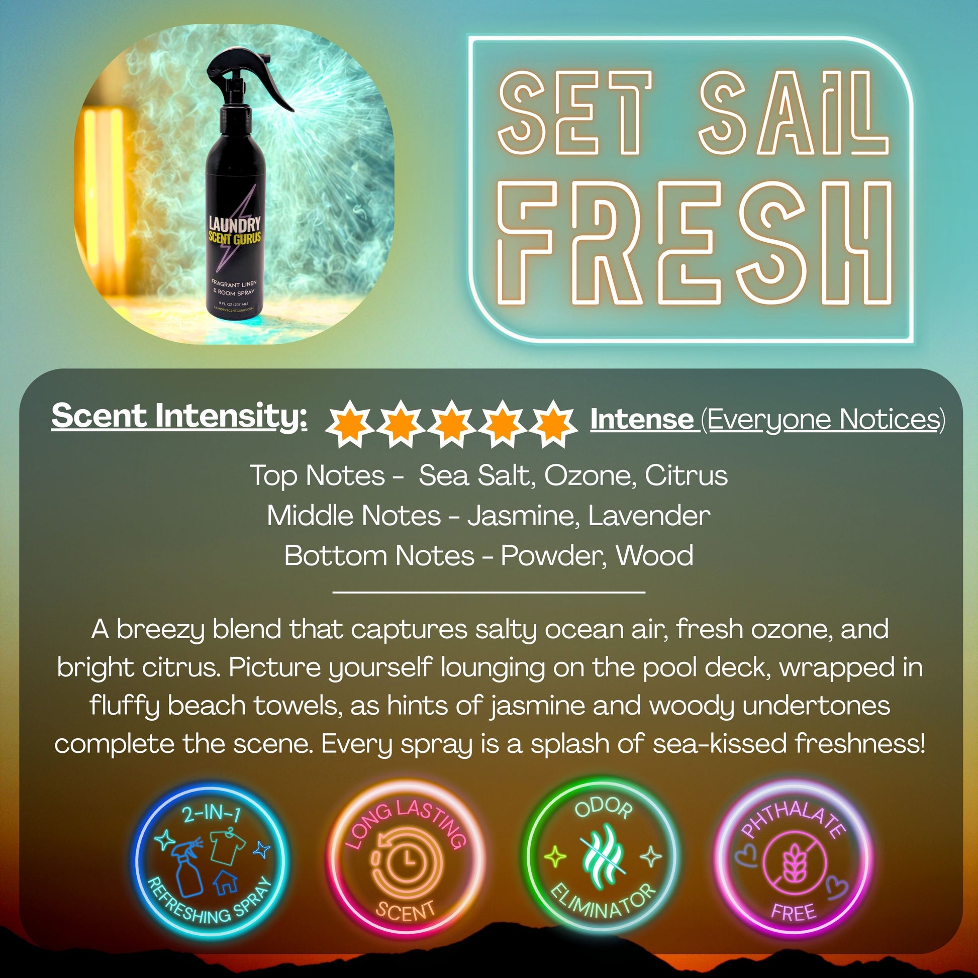 Laundry Scent Gurus Set Sail Fresh LInen Spray scent with description and fragrance notes on sunset background