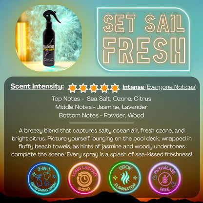 Laundry Scent Gurus Set Sail Fresh LInen Spray scent with description and fragrance notes on sunset background