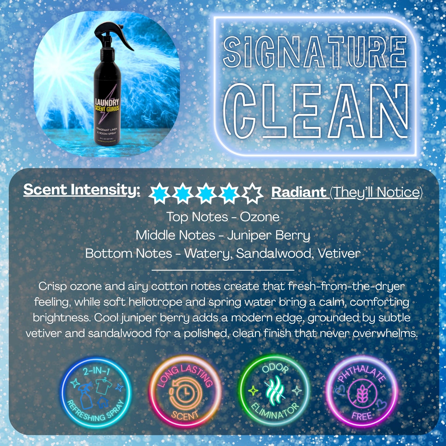 Laundry Scent Gurus Signature Clean Linen Spray with product description and information on blue background