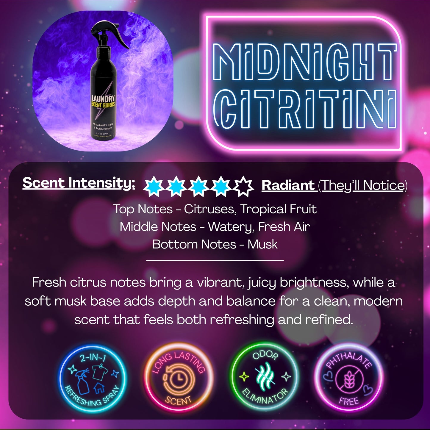 Laundry Scent Gurus room spray packaging with 'Midnight Citritini' branding and product details on a vibrant purple background.