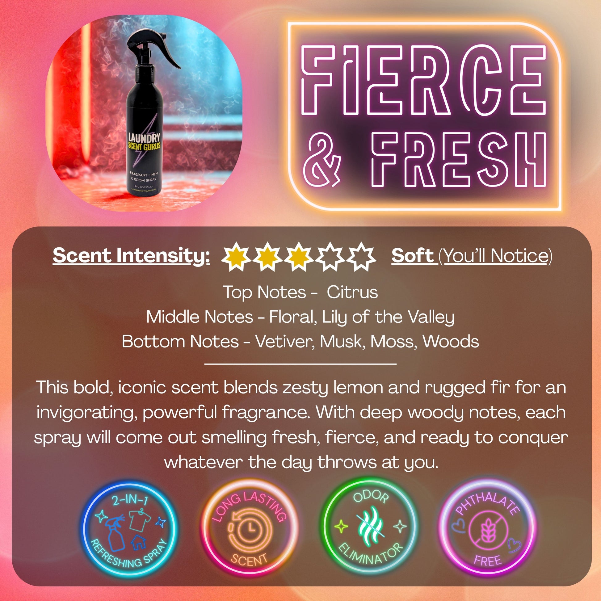 Laundry scent gurus Product packaging with a spray bottle and 'Fierce & Fresh' branding, featuring scent information and product features.