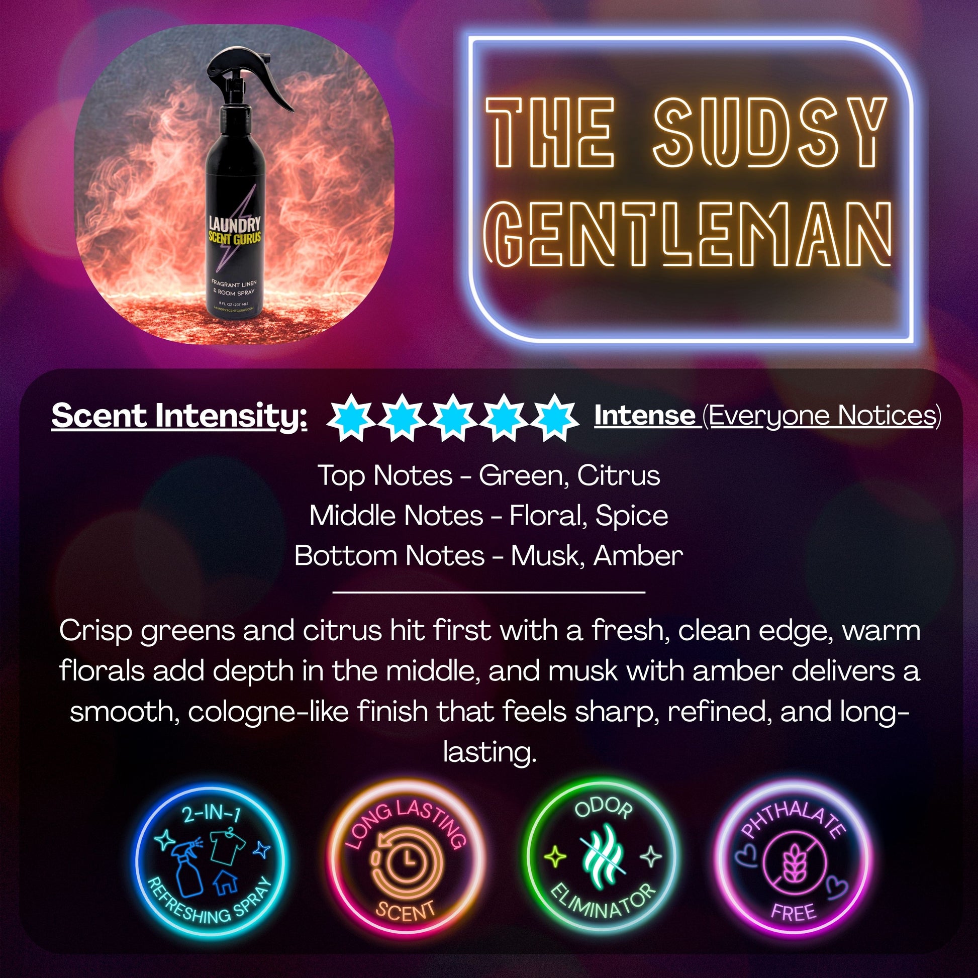 Laundry Scent Gurus Product packaging for 'The Sudsy Gentleman'  Linen Spray with branding, product image, and scent information.