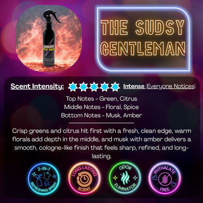 Laundry Scent Gurus Product packaging for 'The Sudsy Gentleman'  Linen Spray with branding, product image, and scent information.