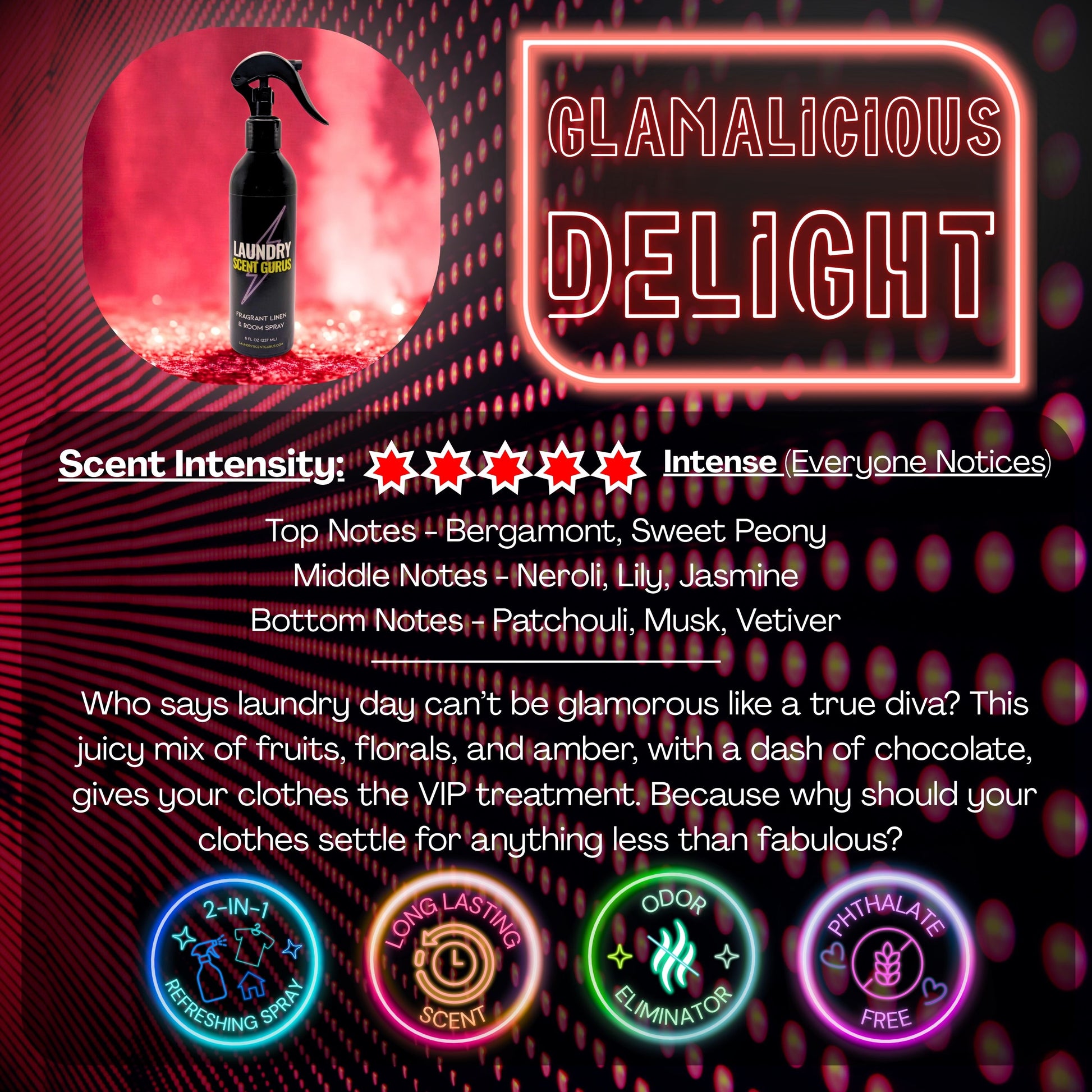 Laundry scent gurus room spray Product advertisement for 'Glamalicious Delight' with scent description and product image.