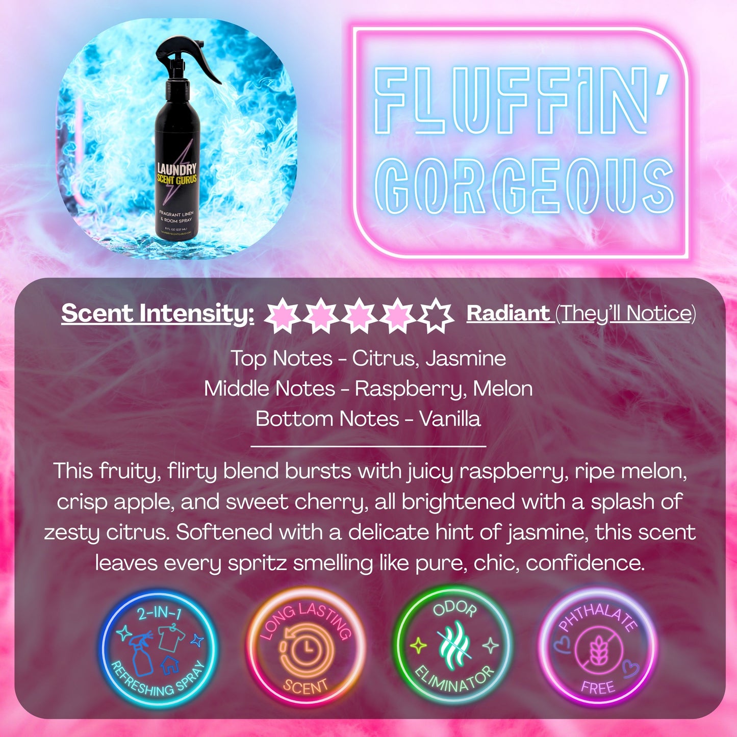Laundry Scent Gurus Linen Spray Product packaging with a spray bottle labeled 'Fluffin' Gorgeous' on a colorful background.