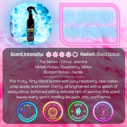 Laundry Scent Gurus Linen Spray Product packaging with a spray bottle labeled 'Fluffin' Gorgeous' on a colorful background.