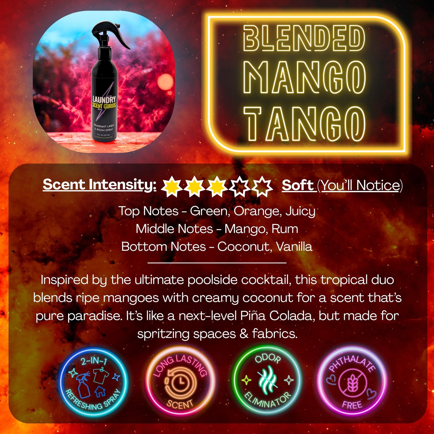 Laundry Scent Gurus linen & room spray packaging with 'Blended Mango Tango' scent description and features on a colorful background.