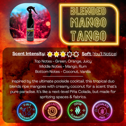 Laundry Scent Gurus linen & room spray packaging with 'Blended Mango Tango' scent description and features on a colorful background.