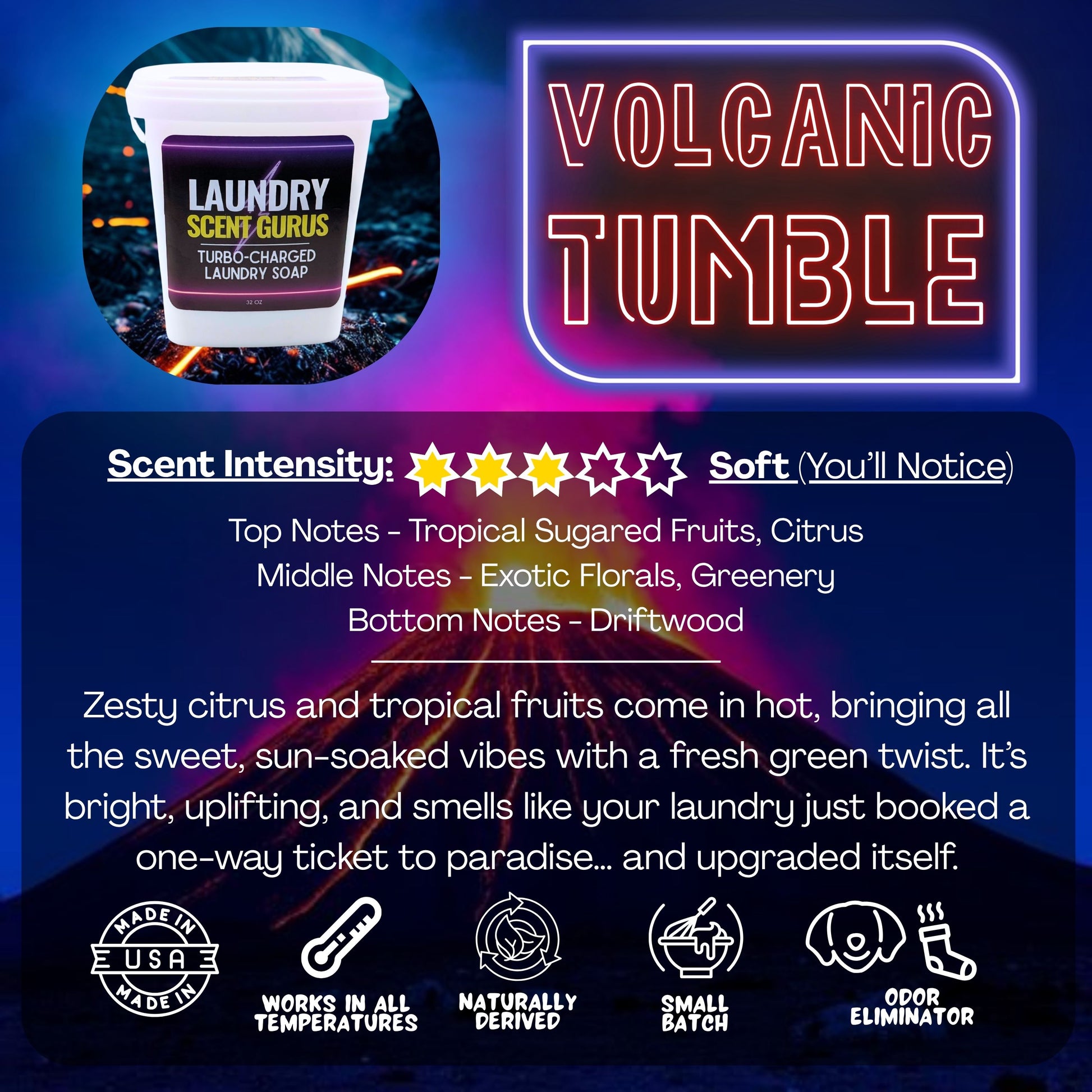 Laundry Scent Gurus Product description for Volcanic Tumble laundry soap on a blue background
