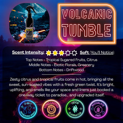 Laundry Scent Gurus Linen Spray Product packaging with 'Volcanic Tumble' branding and product details on a dark background.
