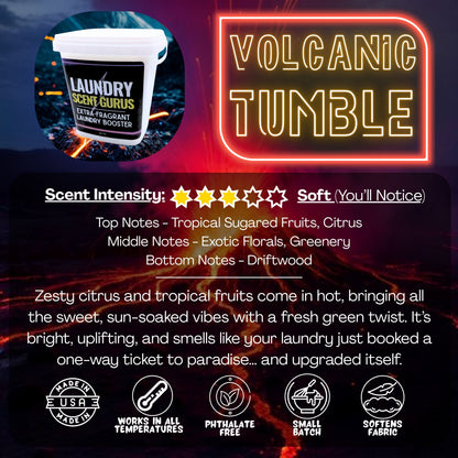 Laundry Scent Gurus Scent Booster product with 'Volcanic Tumble' branding and product details on a dark background.