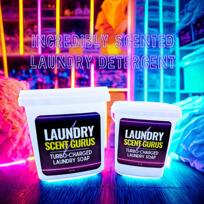 Two containers of 'Laundry Scent Gurus' laundry soap with a colorful, neon-lit background.