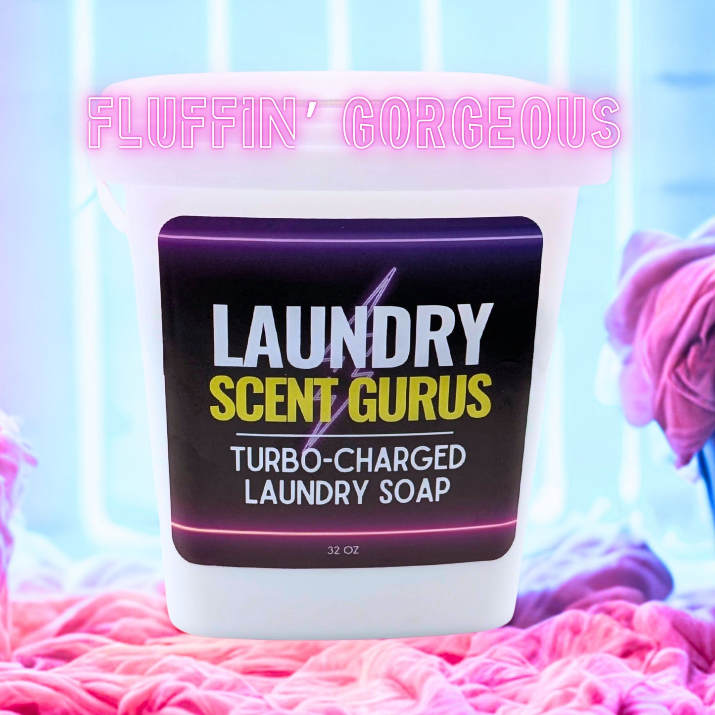 Fluffin' Gorgeous Laundry Soap Tub with pink towel