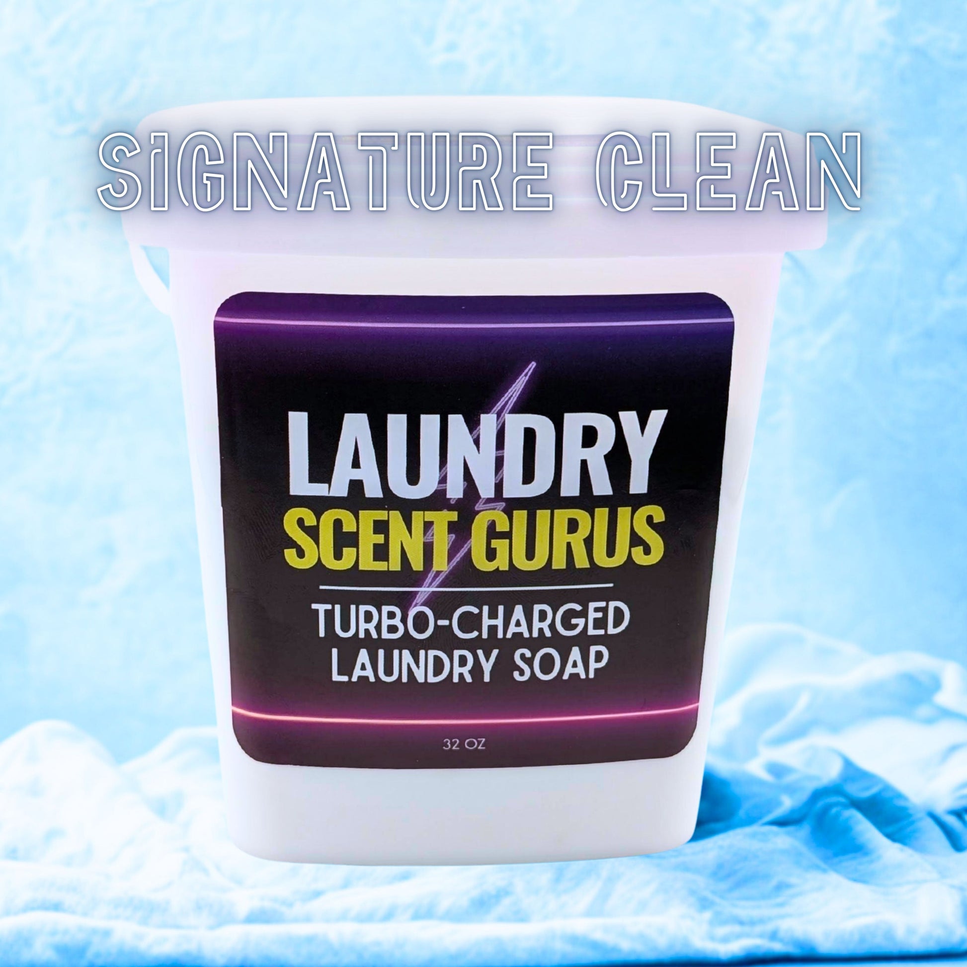 Laundry Scent Gurus Turbo-Charged Laundry Soap container with a blue textured background