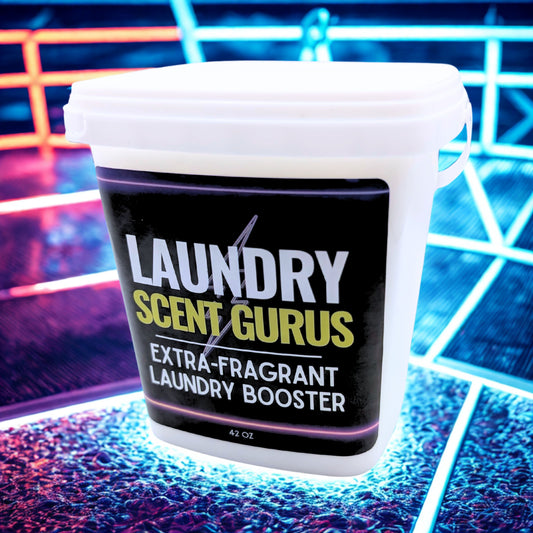 laundry scent booster tub branded with neon lights and ocean in background