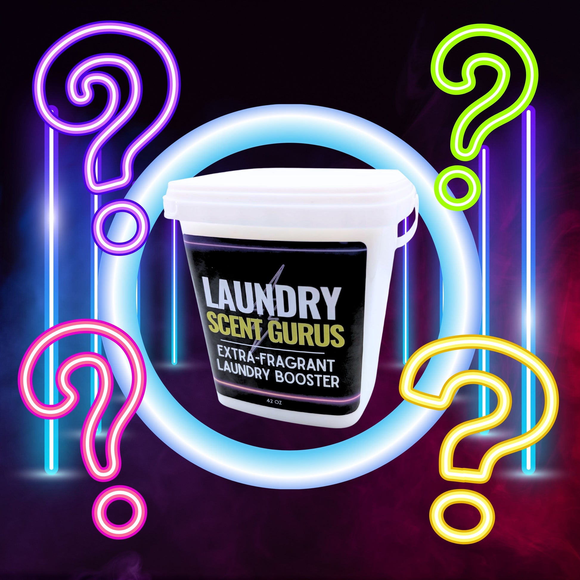 Laundry Scent Gurus product with neon question marks on a dark background