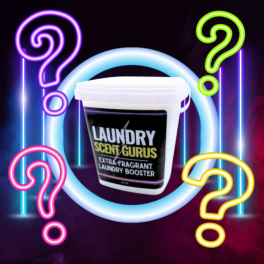 Laundry Scent Gurus product with neon question marks on a dark background