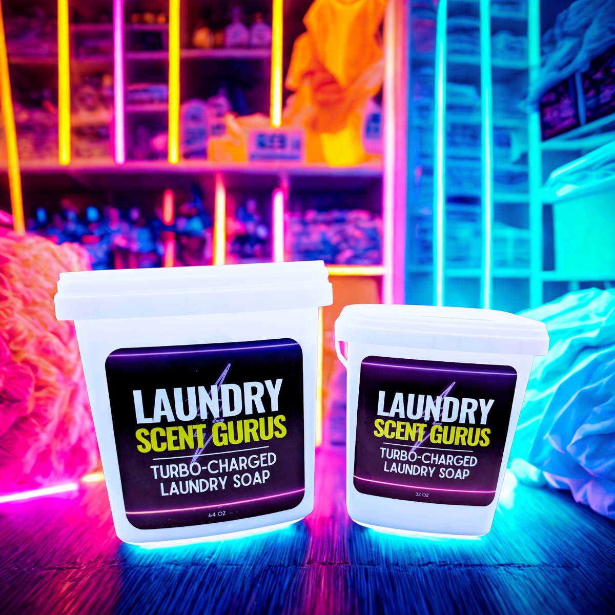 Two white plastic tubs of Laundry Scent Gurus Turbo-Charged Laundry Soap are shown on a dark surface with a blurred neon-lit background. The larger tub is in the foreground and the smaller tub is behind it.