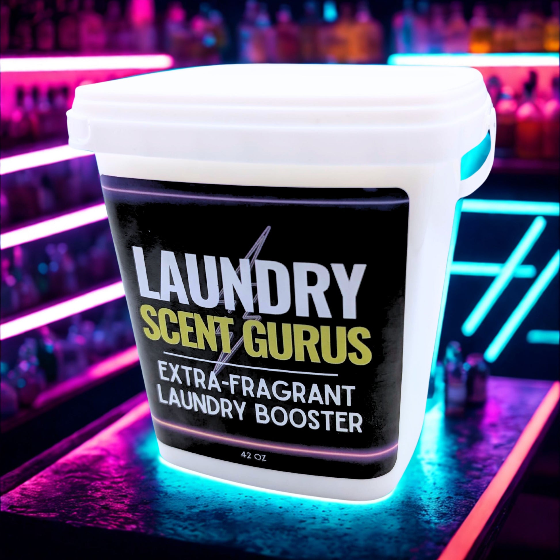 Laundry Scent Gurus laundry booster container with neon lights in the background