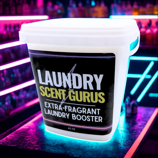 Laundry Scent Gurus laundry booster container with neon lights in the background