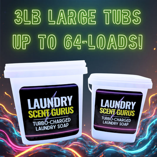 Two laundry soap containers with neon text on a colorful, abstract background.