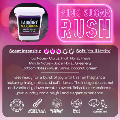 Laundry Scent Gurus Product packaging with 'Pink Sugar Rush' fragrance description on a pink and purple gradient background.