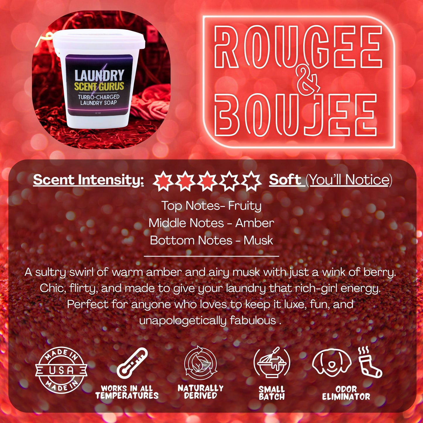Laundry Scent Gurus Product packaging for 'Rougee & Boujee' laundry detergent with scent description and features on a red background.