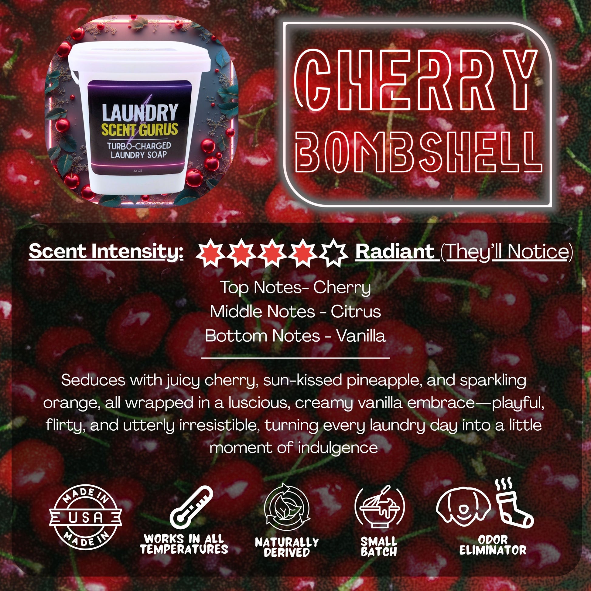 Cherry Bombshell Laundry soap packaging with cherry-themed design and product details.