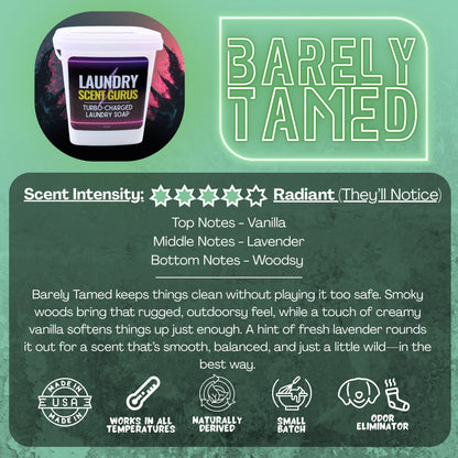 Laundry Scent Gurus Product packaging with 'Barely Tamed' scent description on a green background
