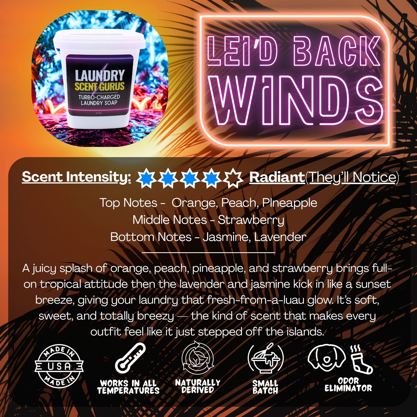 Laundry Scent Gurus Soap Product packaging with 'Leid Back Winds' branding and product details on a dark background.